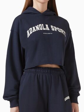 Adanola Blue AS Raw-hem Cotton Blend Crop Hoodie - Size L